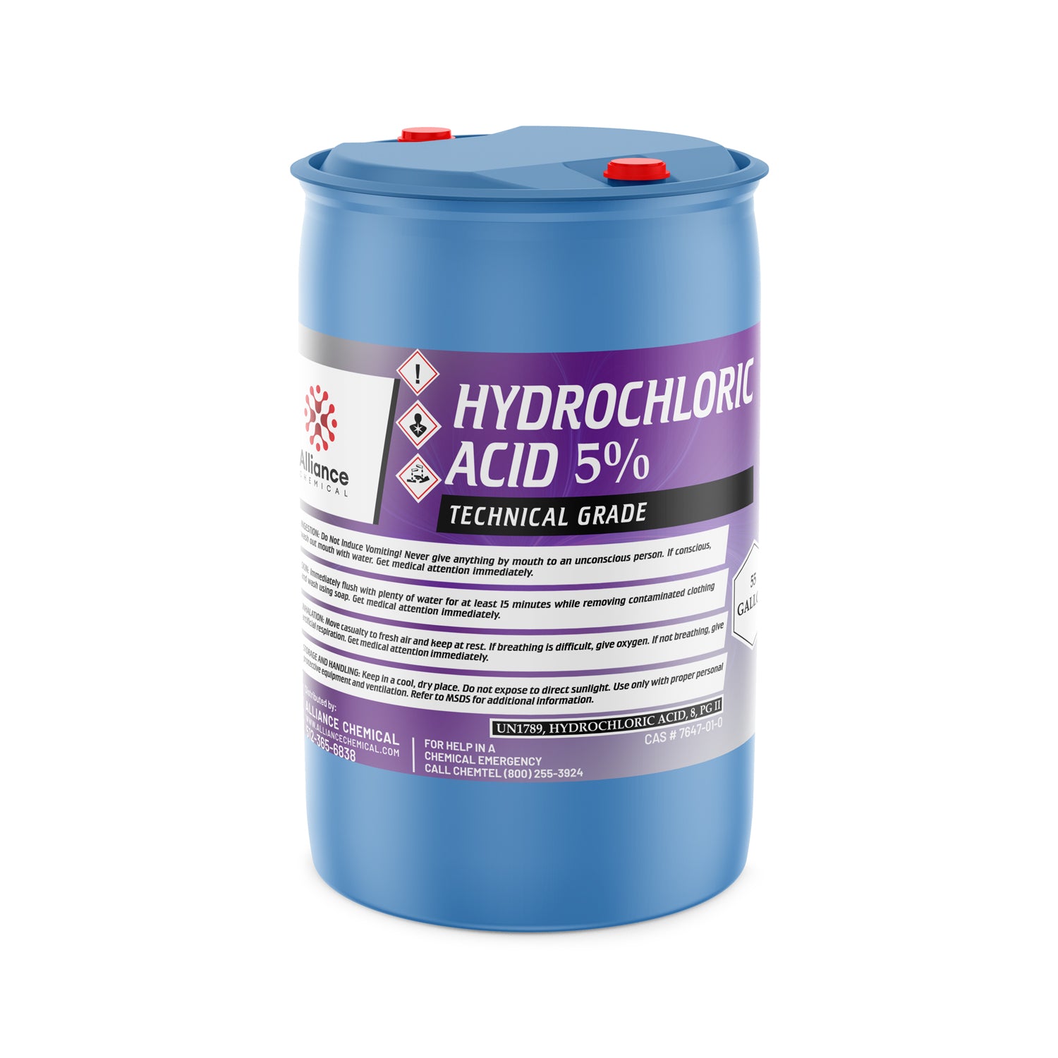 55-gallon blue drum of 5% Hydrochloric Acid Technical Grade with UN1789 classification, hazard warning symbols, and red safety caps.